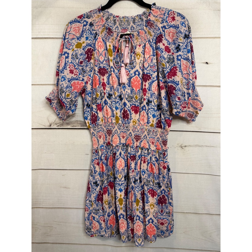 Roller Rabbit Womens Smocked Cotton Floral Tassel Boho‎ Mini Dress Pink Blue S